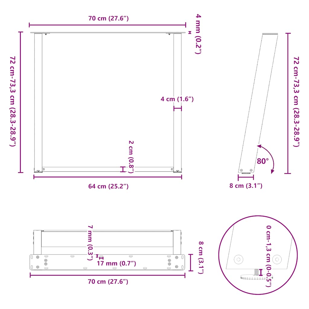 Gambe per tavolo da pranzo a forma di U 2 pz Antracite 70x(72-73) cm Acciaio | homemem39