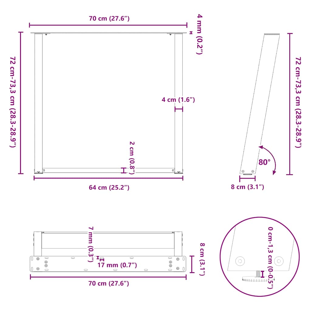Gambe per tavolo da pranzo a forma di U 2 pz in acciaio naturale 70x(72-73) cm | homemem39