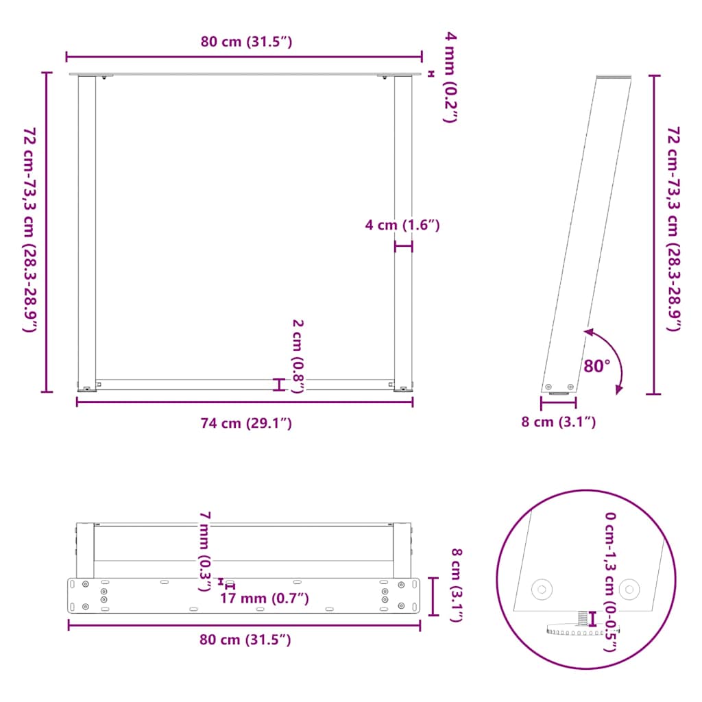 Gambe per tavolo da pranzo a forma di U 2 pz Antracite 80x(72-73) cm Acciaio | homemem39