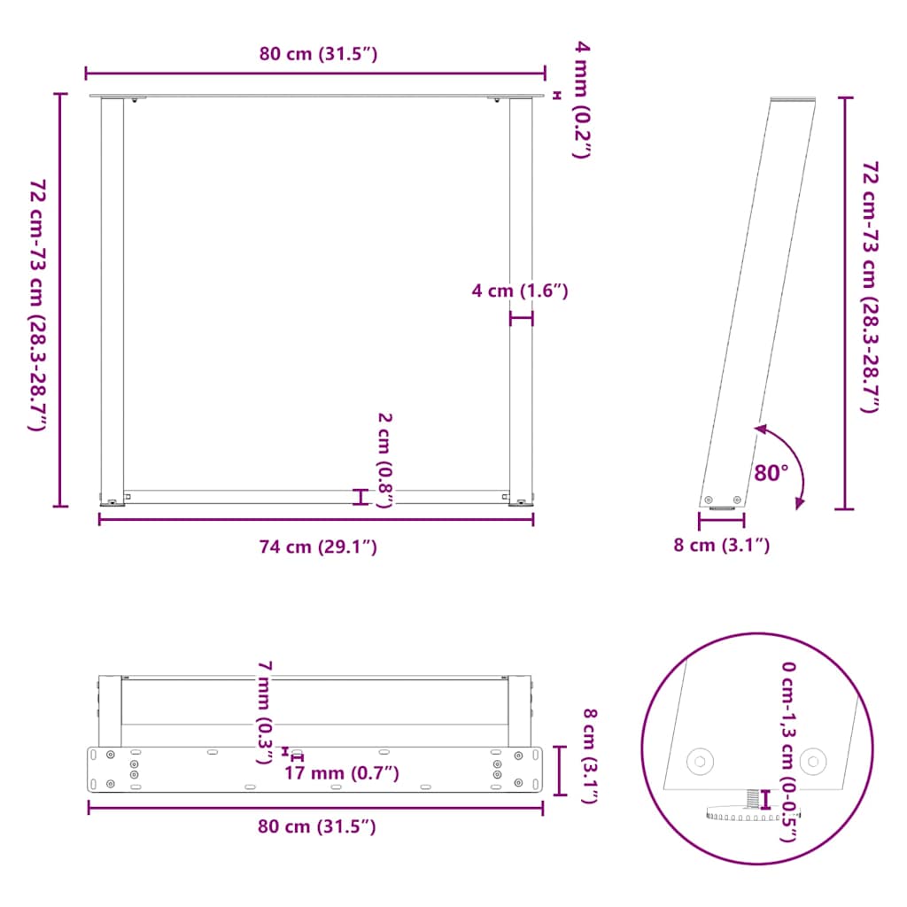 Gambe Tavolo Pranzo a U 2 pz 80x(72-73) cm Acciaio - homemem39