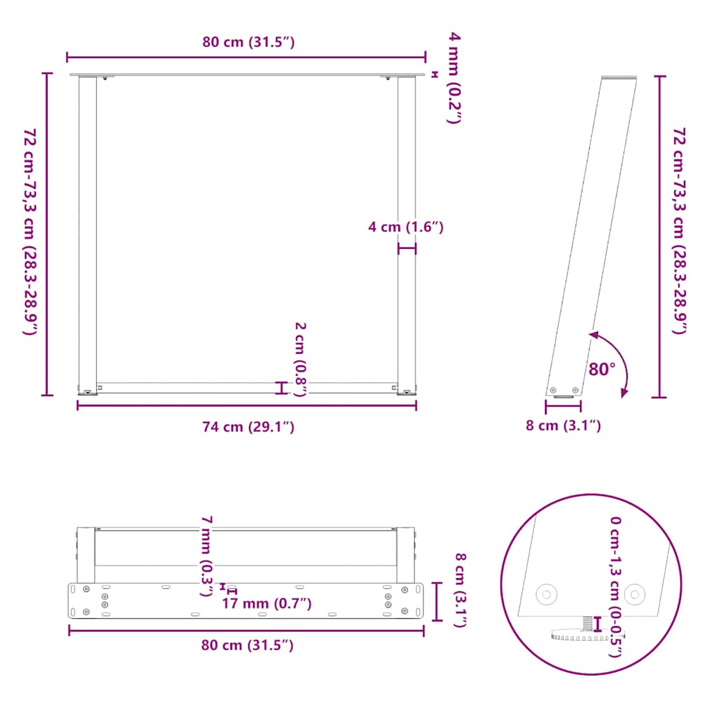 Gambe per tavolo da pranzo a forma di U 2 pz in acciaio naturale 80x(72-73) cm | homemem39
