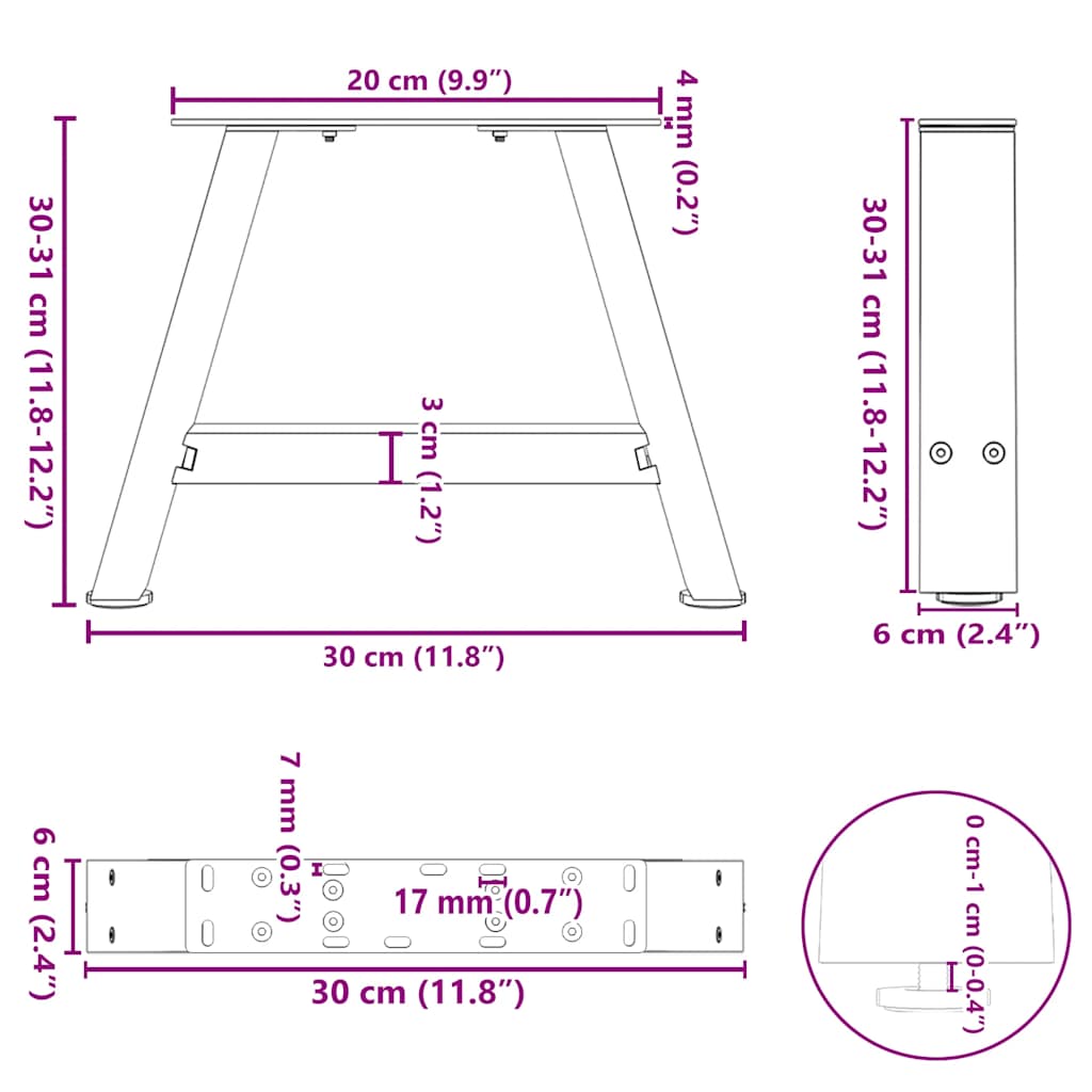 Gambe Tavolino da Caffè a A 2 pz 30x(30-31) cm in Acciaio