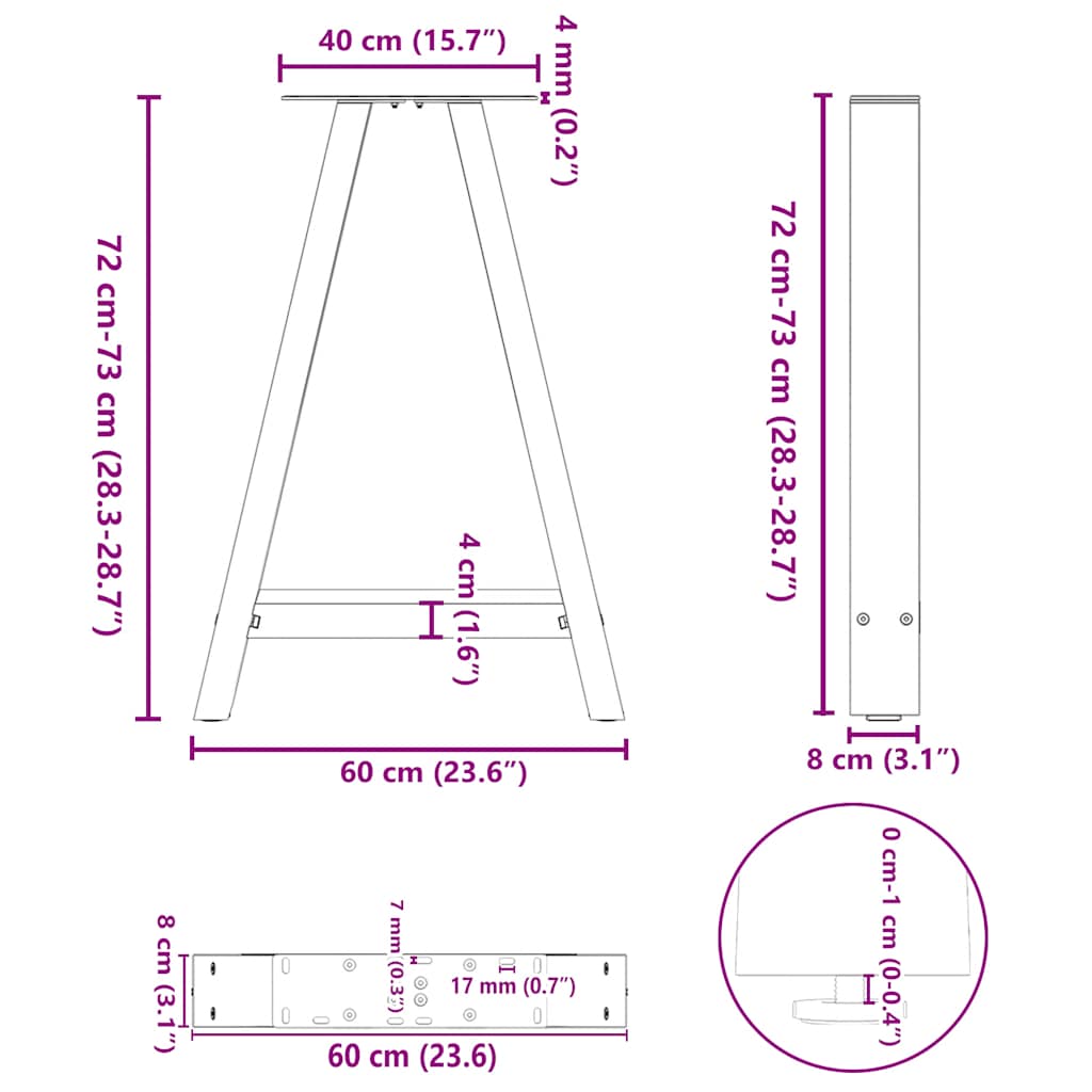 Gambe per tavolo da pranzo a forma di A 2 pz 60x(72-73) cm in acciaio | homemem39