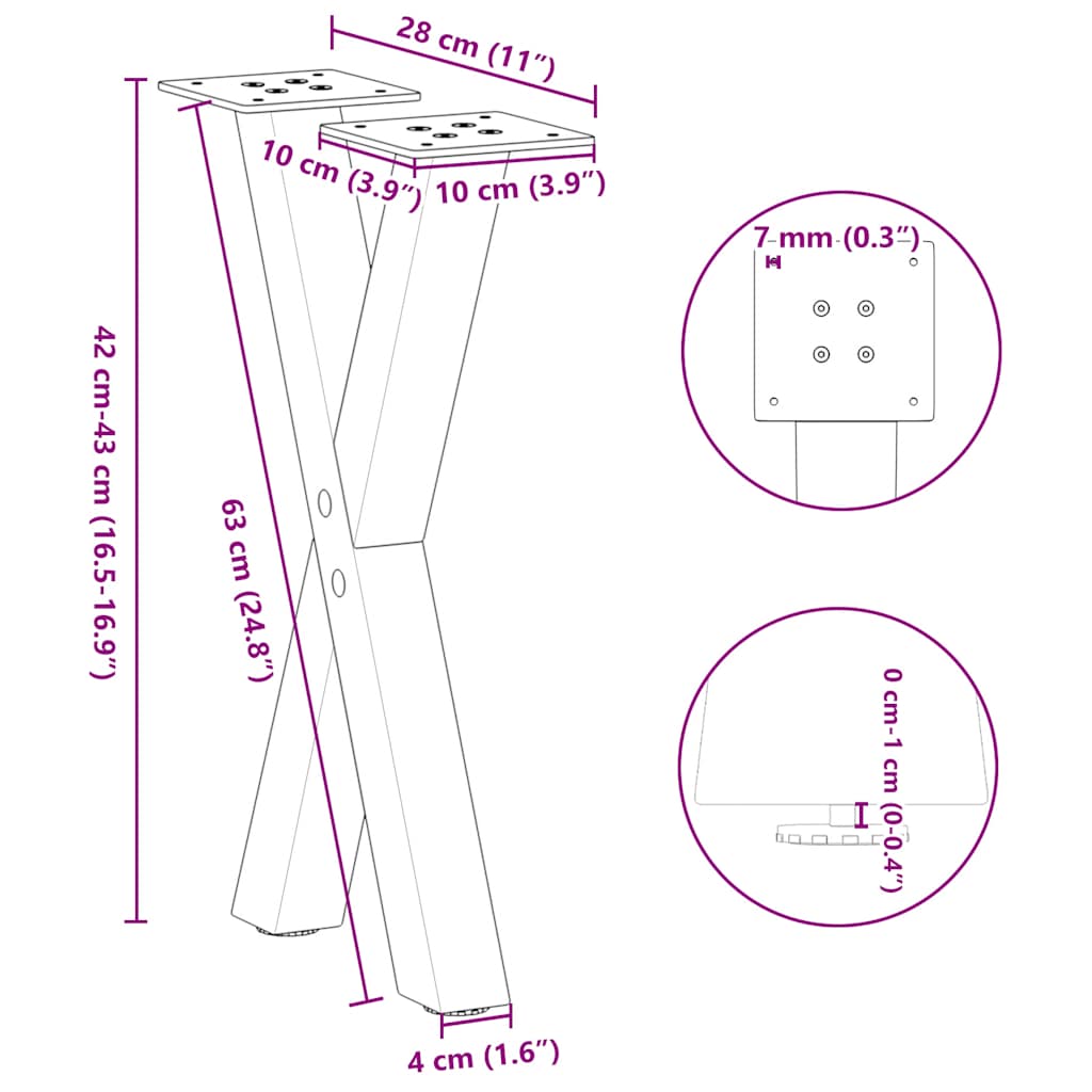 Gambe per Tavolino da Caffè a Forma di X 2 pz Nere 28x(42-43) cm Acciaio | homemem39