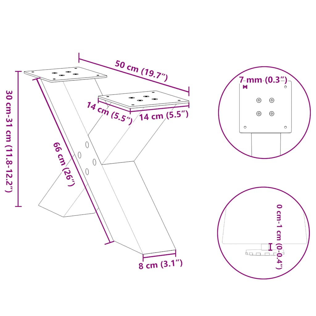 Gambe Tavolino da Caffè a X 2 pz Bianco 50x(30-31)cm in Acciaio