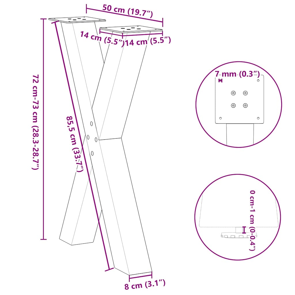 Gambe Tavolo Pranzo Forma X 2pz Bianco 50x(72-73)cm Acciaio