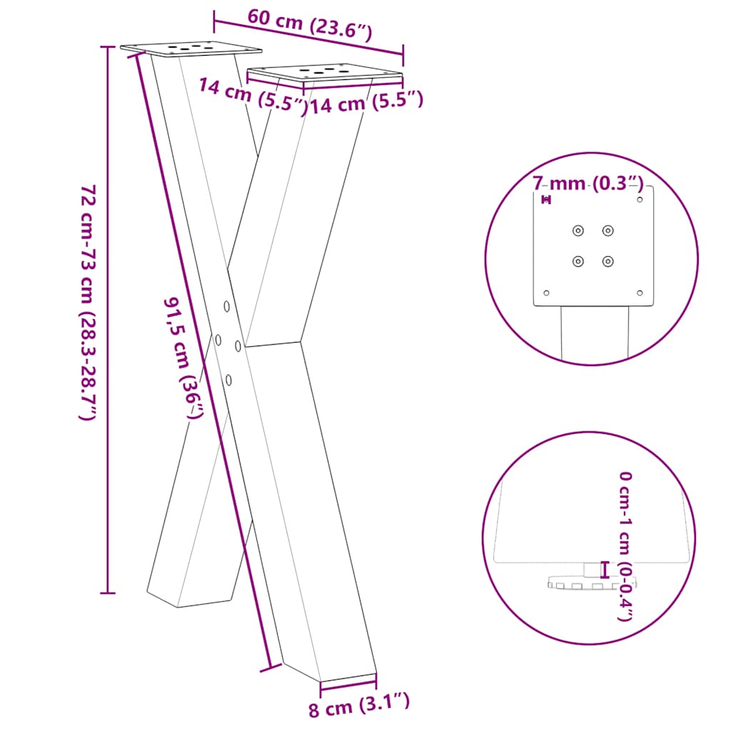 Gambe per tavolo da pranzo a forma di X 2 pz nere 60x(72-73) cm in acciaio | homemem39