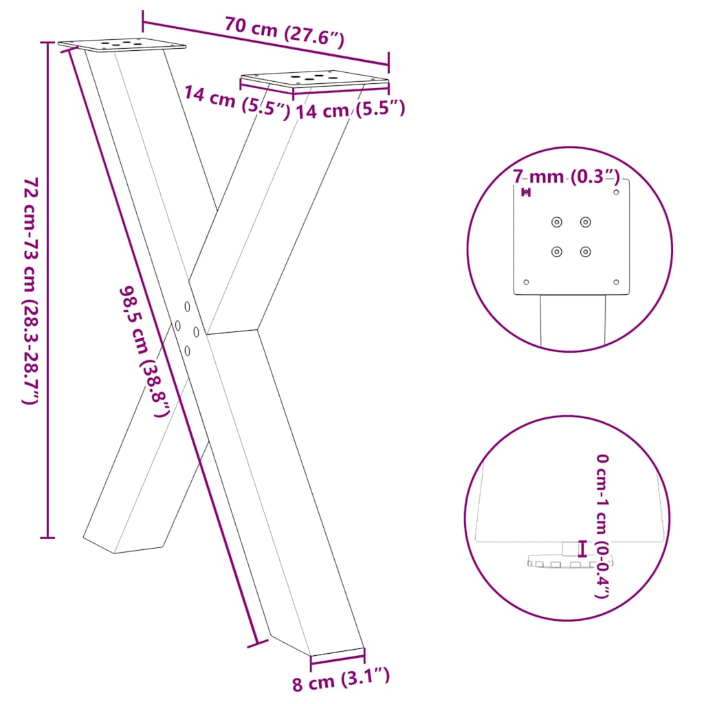 Gambe per tavolo da pranzo a forma di X 2 pz nere 70x(72-73) cm in acciaio | homemem39