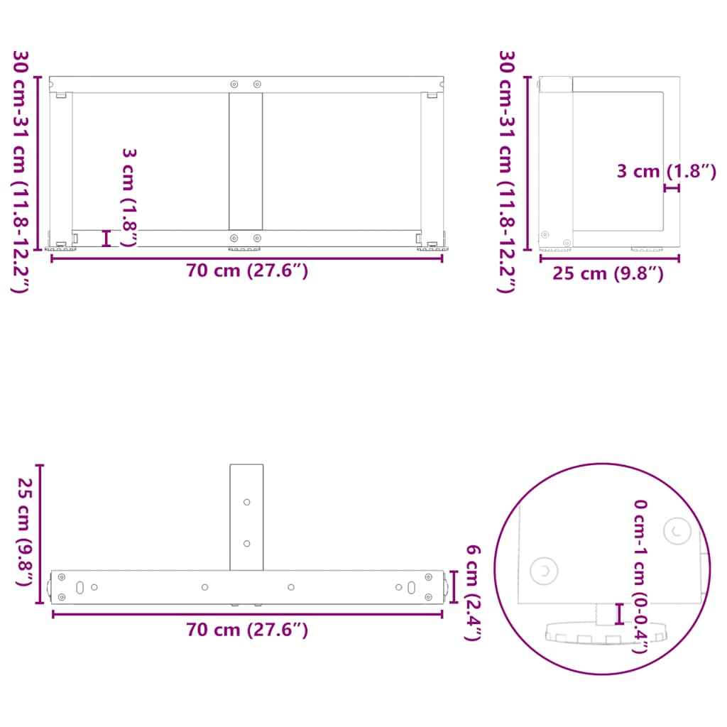 Gambe per Tavolino da Caffè a Forma di T 2 pz Nere 70x25x(30-31) cm Acciaio | homemem39