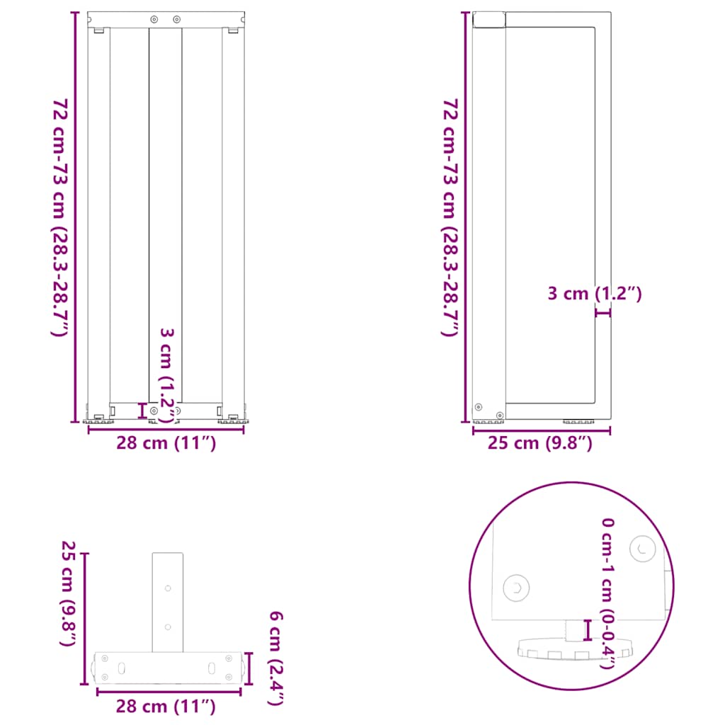 Gambe per Tavolo Consolle a Forma di T 2 pz Nere 25x28x(72-73) cm Acciaio | homemem39