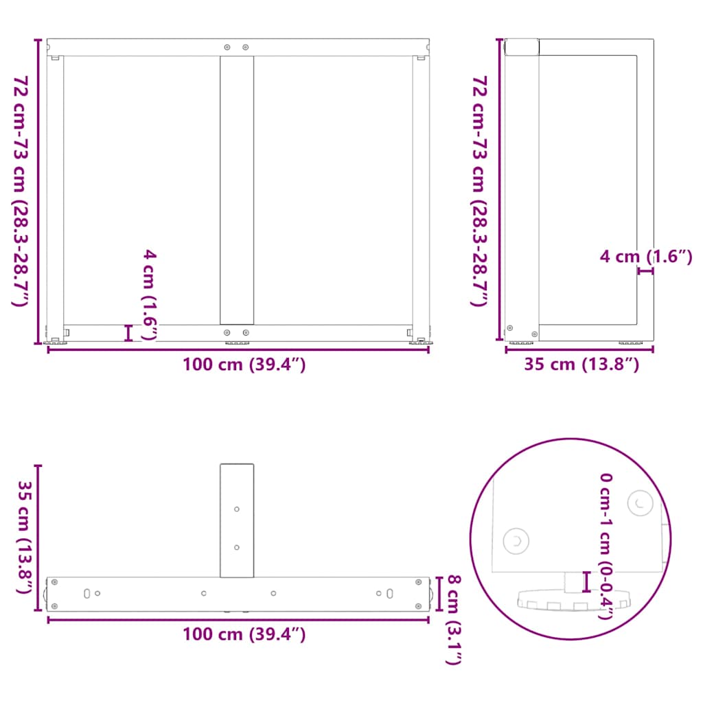 Gambe per tavolo da pranzo a forma di T 2 pz nere 100x35x(72-73) cm in acciaio | homemem39
