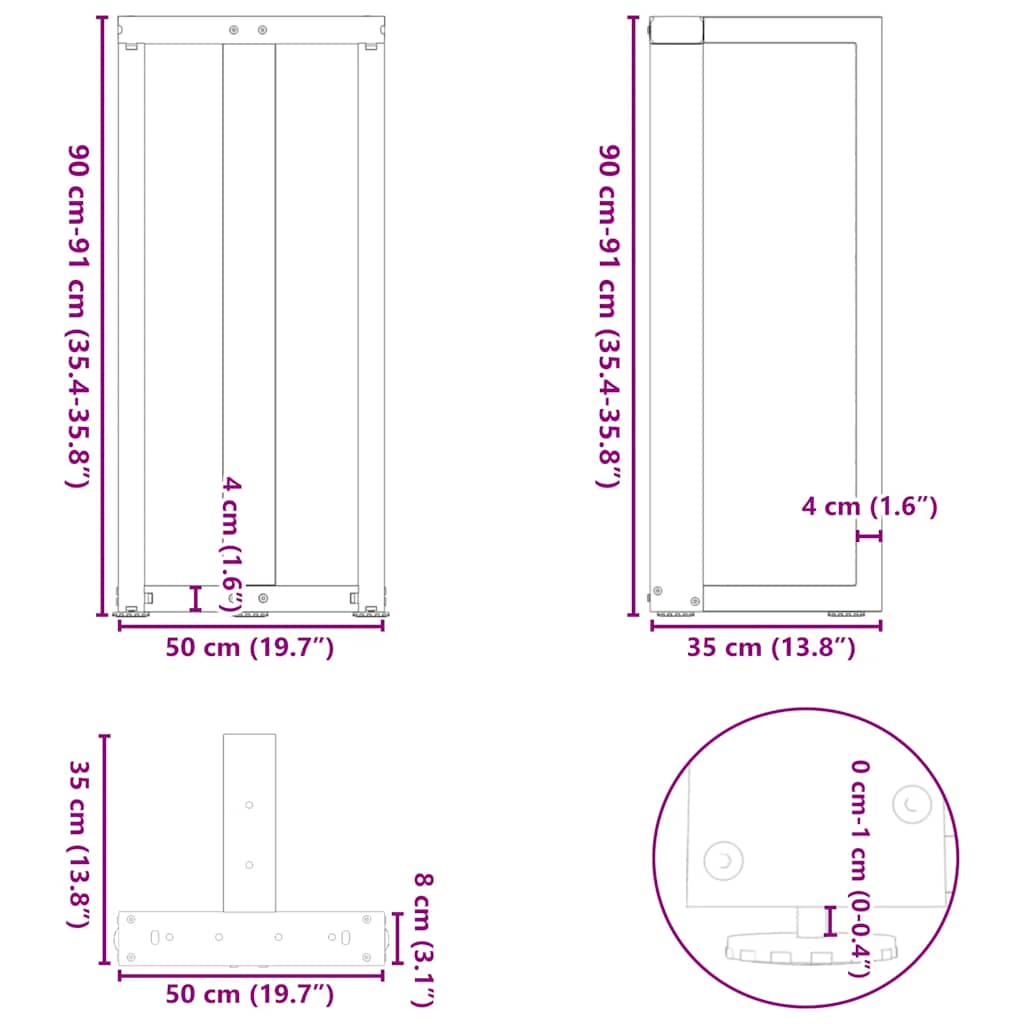 Gambe per tavolo da bar a forma di T 2 pz nere 50x35x(90-91) cm in acciaio | homemem39