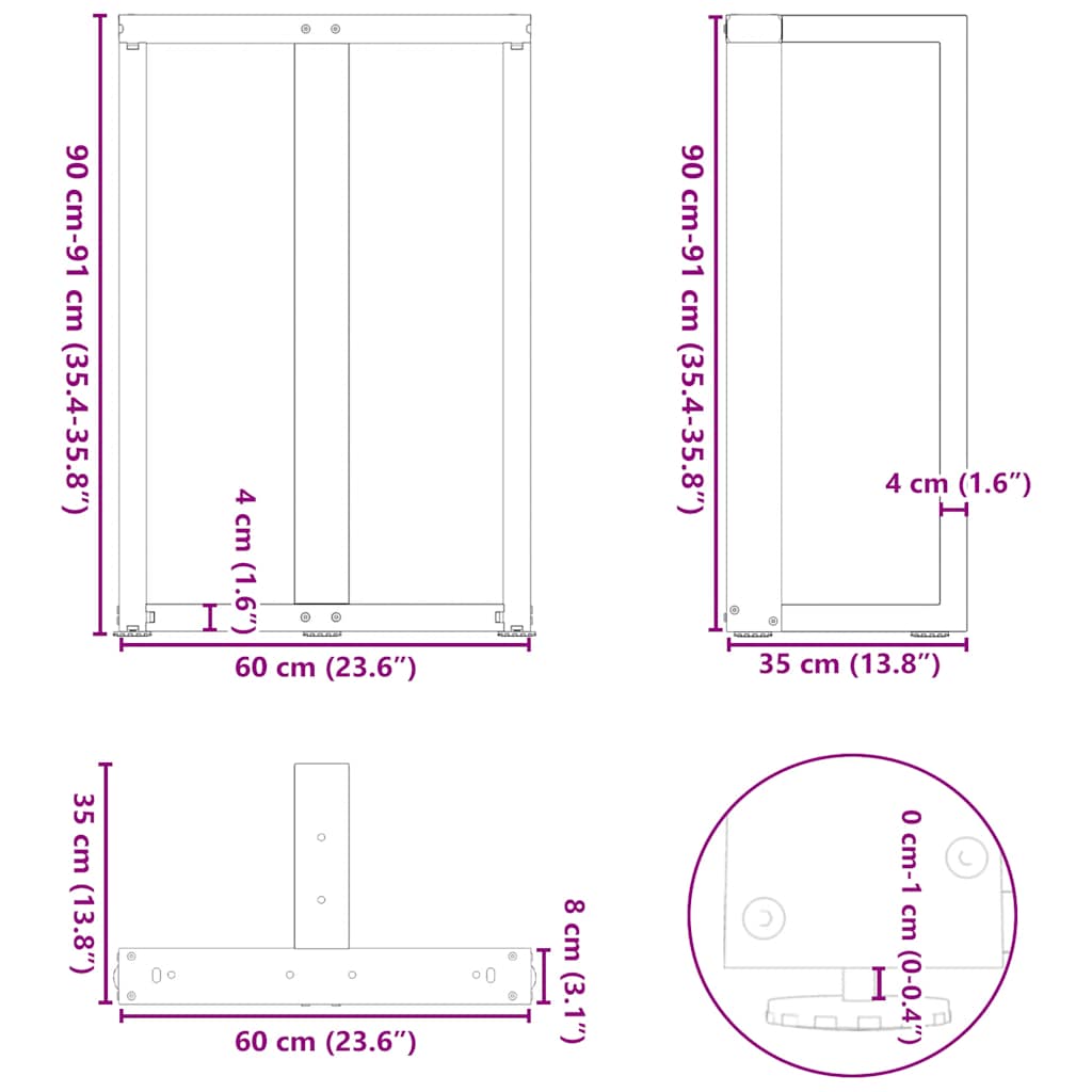 Gambe per tavolo da bar a forma di T 2 pz nere 60x35x(90-91) cm in acciaio | homemem39
