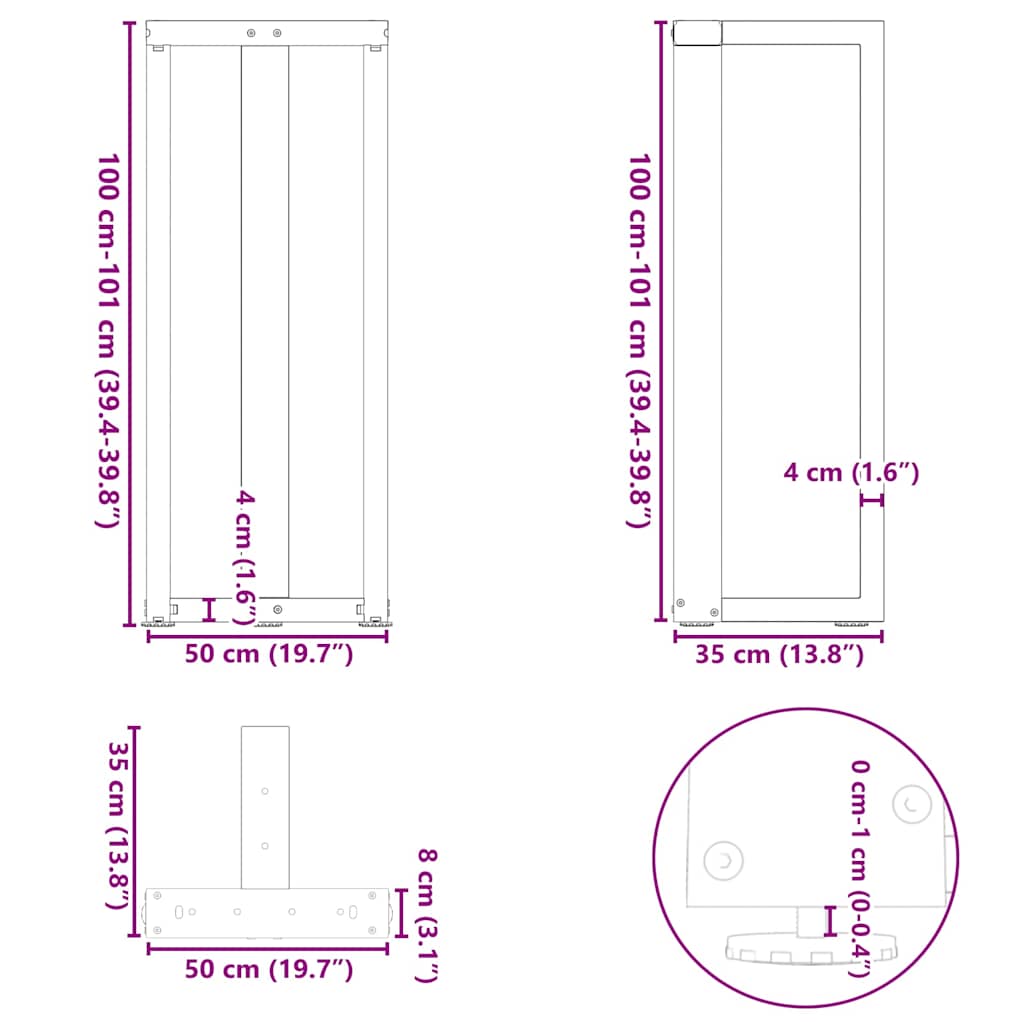Gambe per tavolo da bar a forma di T 2 pz nere 50x35x(100-101) cm in acciaio | homemem39