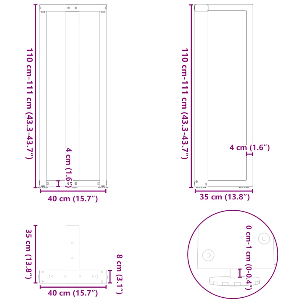 Gambe per tavolo da bar a forma di T 2 pz nere 40x35x(110-111) cm in acciaio - homemem39
