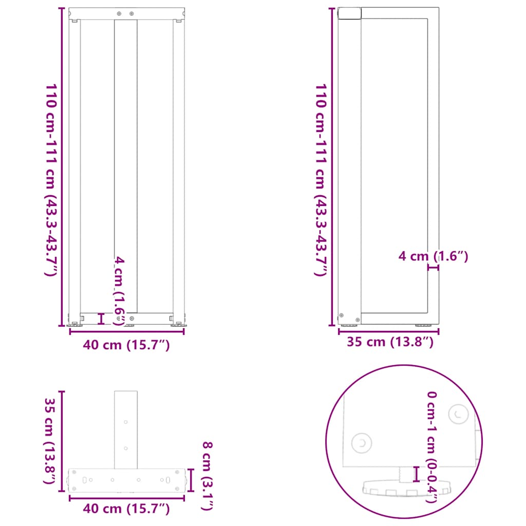 Gambe per tavolo da bar a forma di T 2 pz bianche 40x35x(110-111) cm in acciaio | homemem39