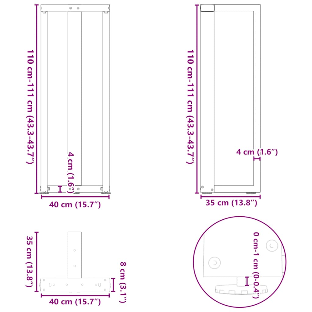 Gambe per tavolo da bar a forma di T 2 pz nere 40x35x(110-111) cm in acciaio | homemem39