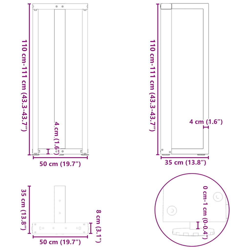 Gambe per tavolo da bar a forma di T 2 pz nere 50x35x(110-111) cm in acciaio | homemem39