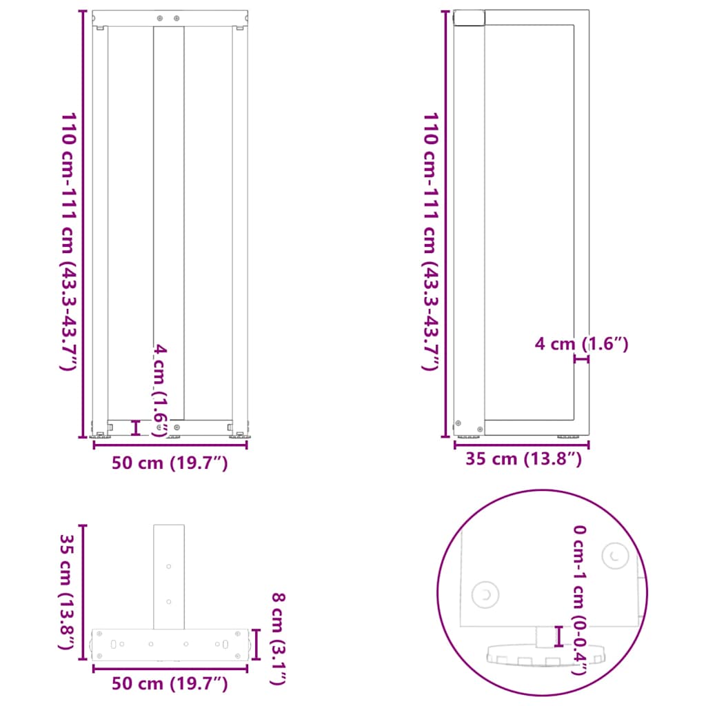 Gambe per tavolo da bar a forma di T 2 pz bianche 50x35x(110-111) cm in acciaio | homemem39