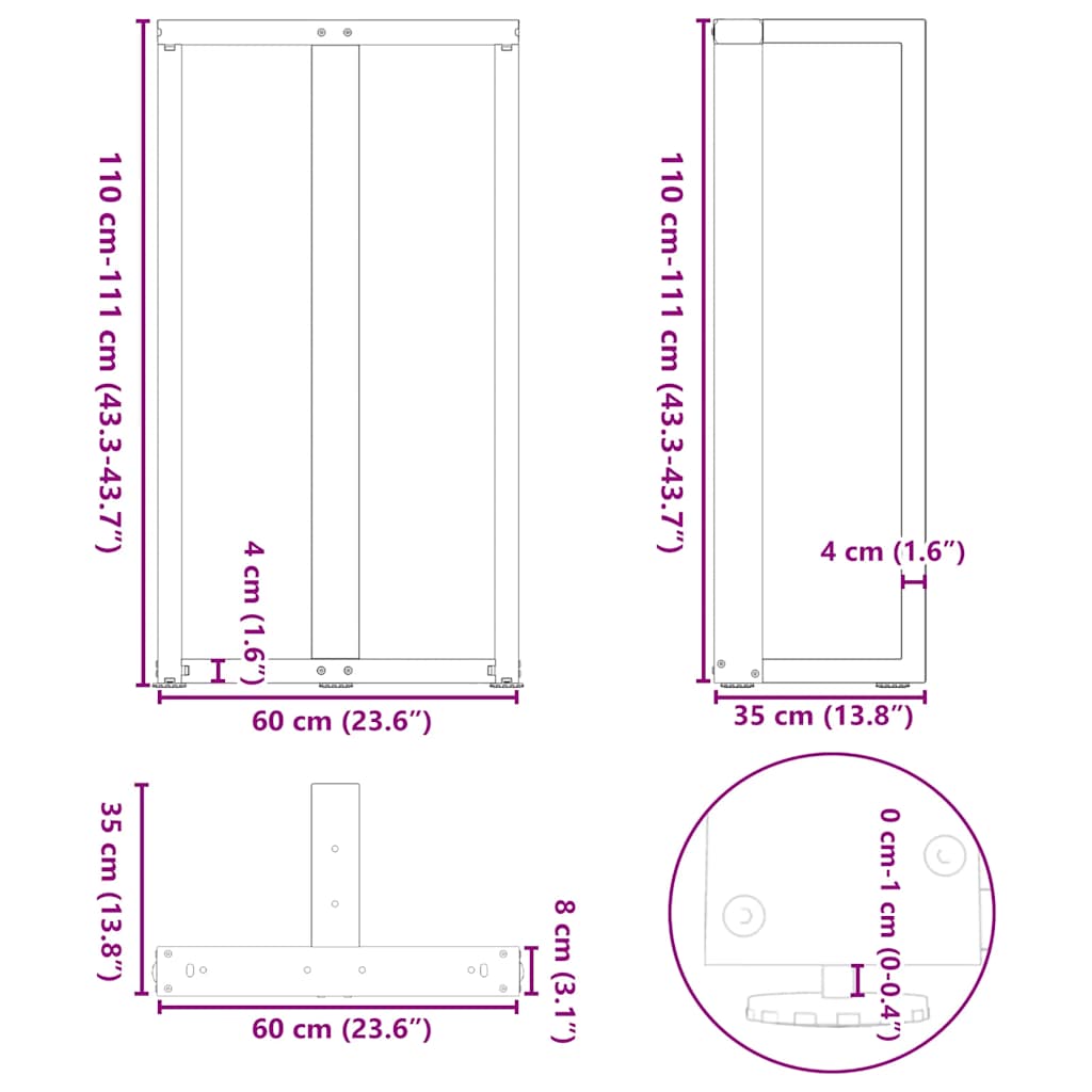 Gambe per tavolo da bar a forma di T 2 pz nere 60x35x(110-111) cm in acciaio | homemem39