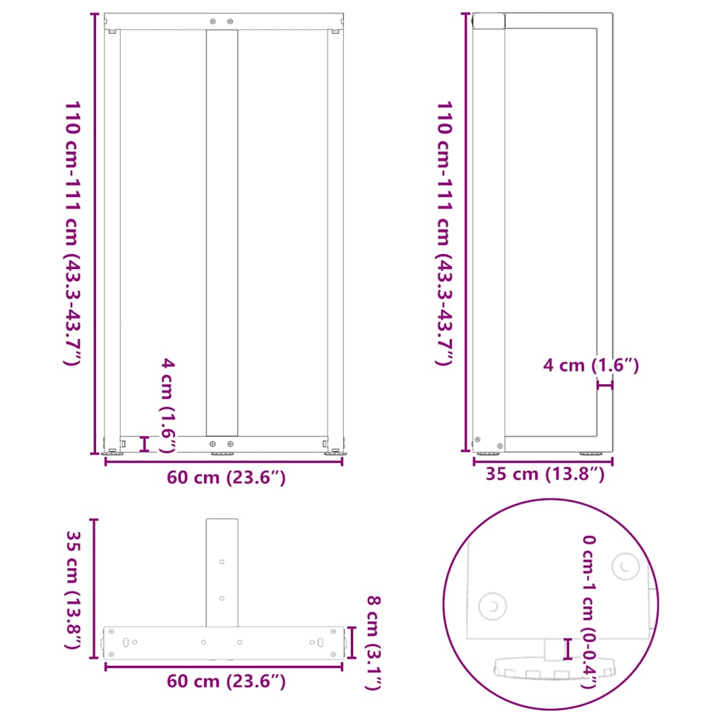 Gambe per tavolo da bar a forma di T 2 pz nere 60x35x(110-111) cm in acciaio | homemem39