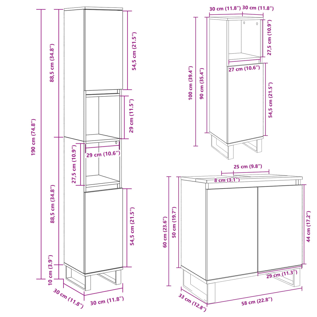 Set Mobili da Bagno 3 pz Rovere Sonoma in Legno Multistrato | homemem39