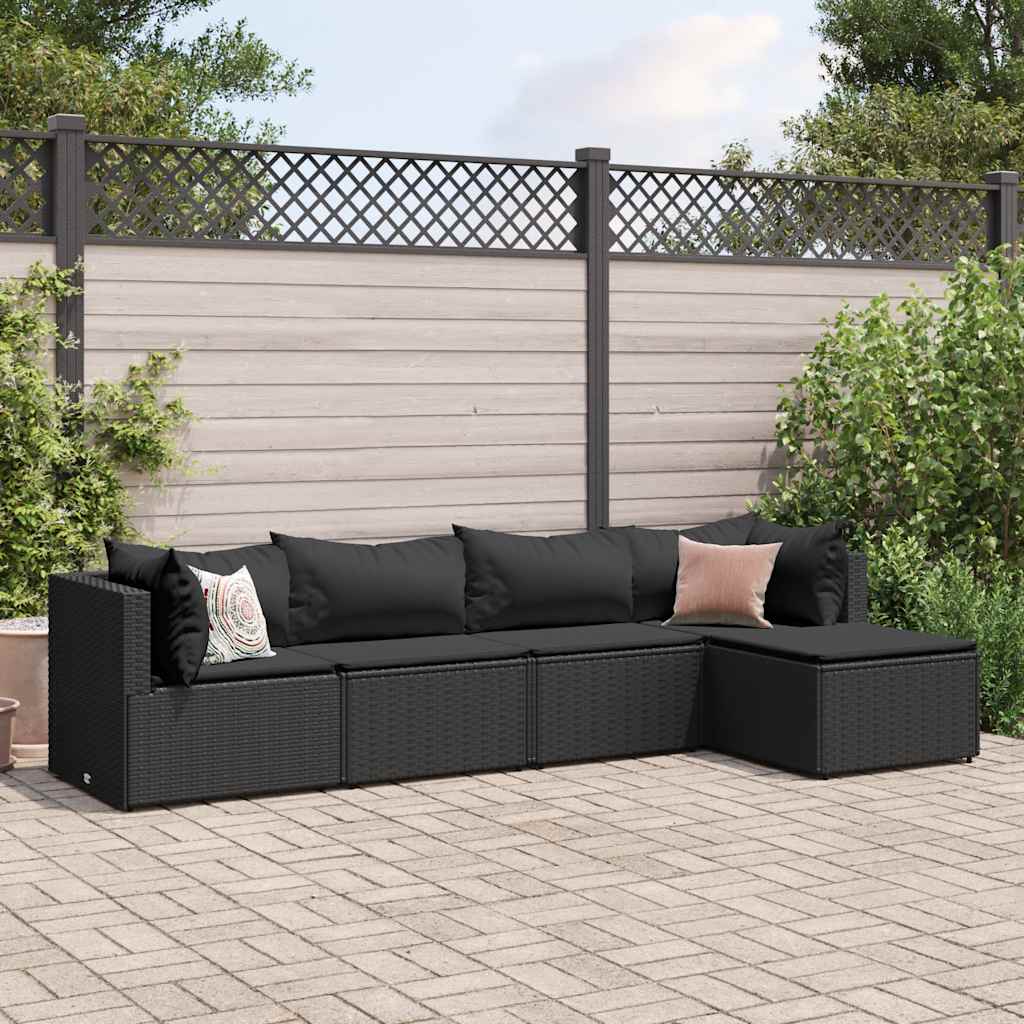 Set Divani da Giardino 5 pz con Cuscini Nero in Polyrattan