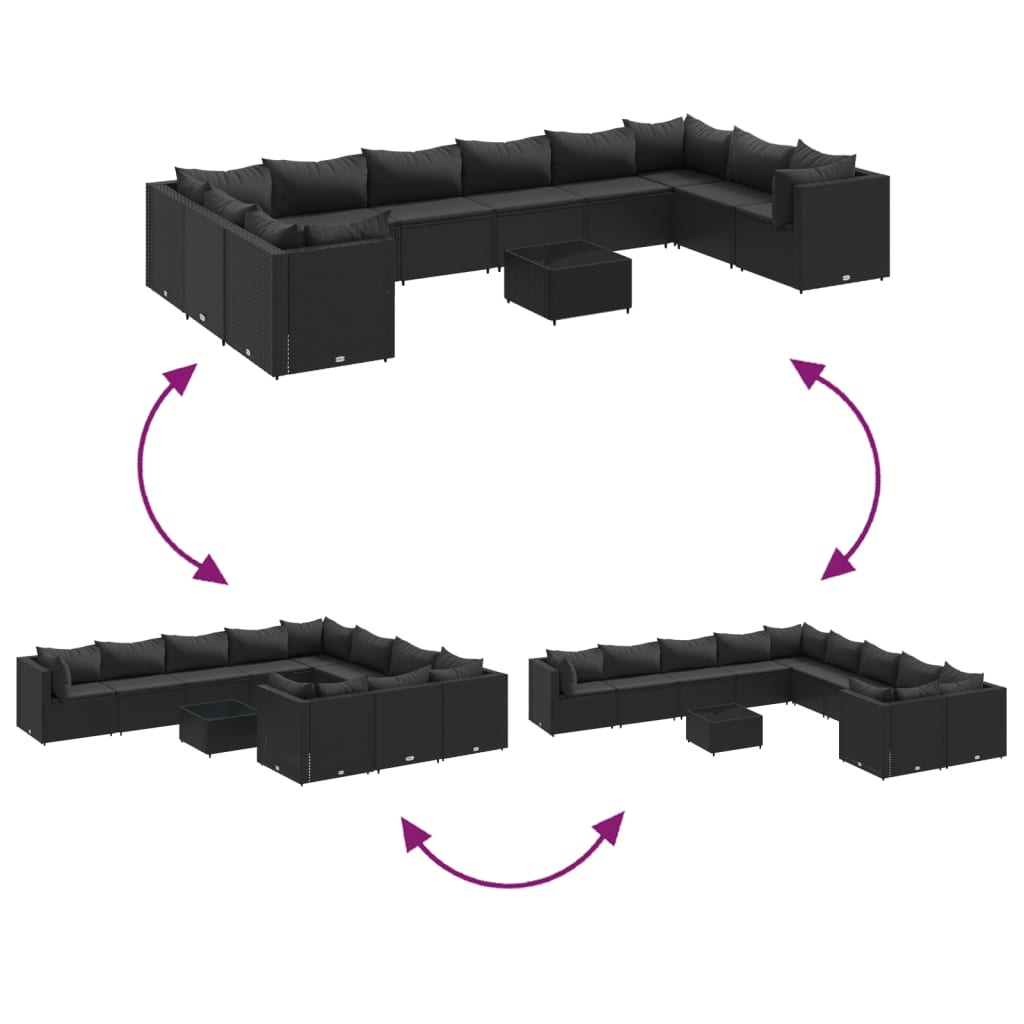 Set Mobili da Giardino 11 pz con Cuscini in Polyrattan Nero