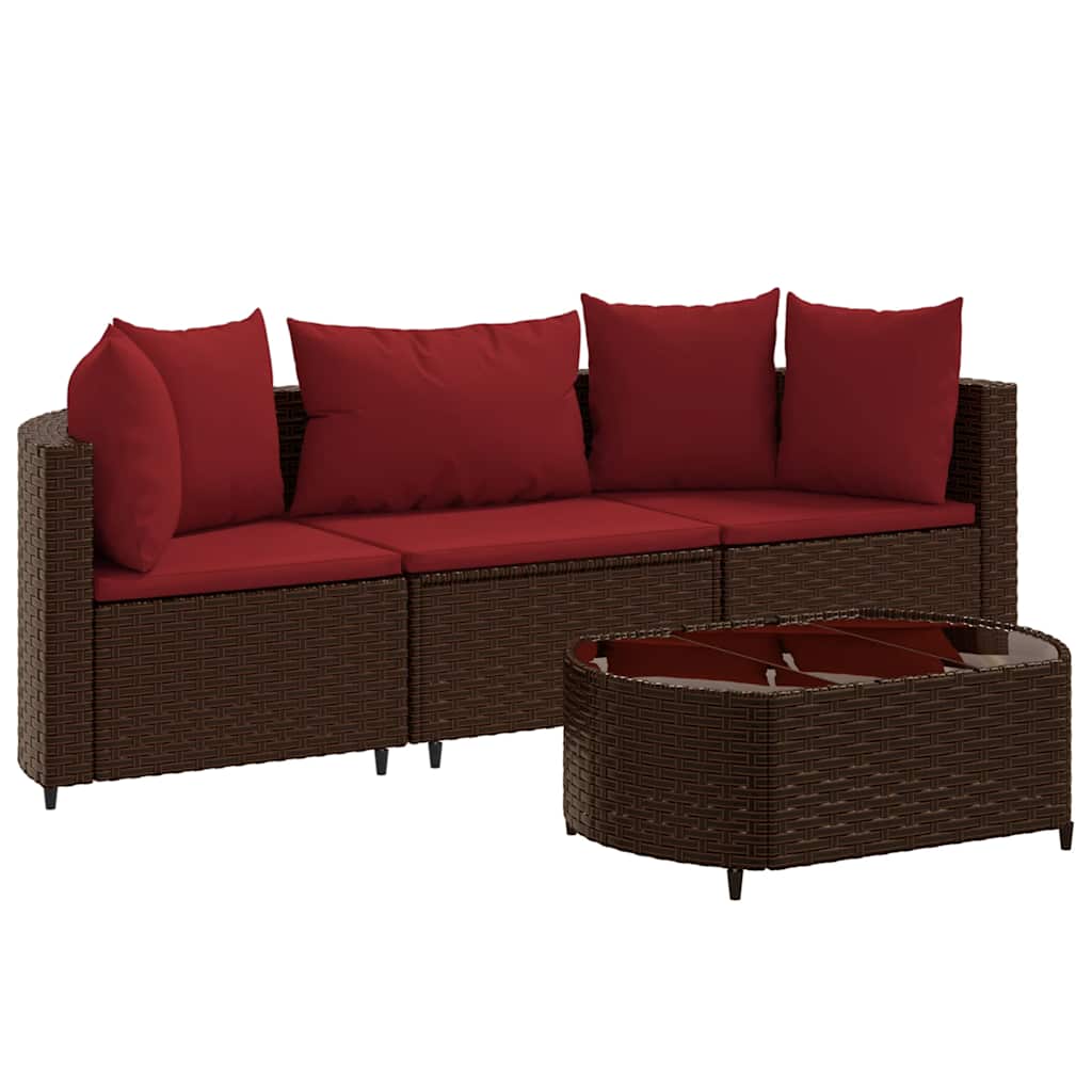 Set Divano da Giardino 4 pz con Cuscini Marrone in Polyrattan
