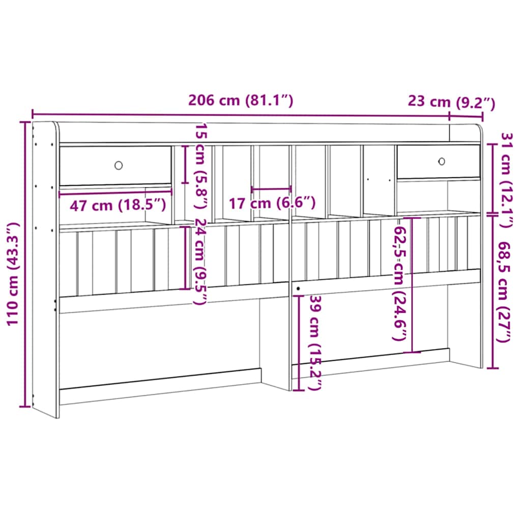 Testiera con Scomparti 200 cm in Legno Massello di Pino - homemem39