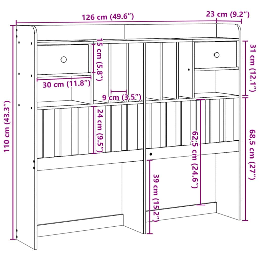 Testiera con Ripiani Marrone Cera 120 cm in Legno di Pino