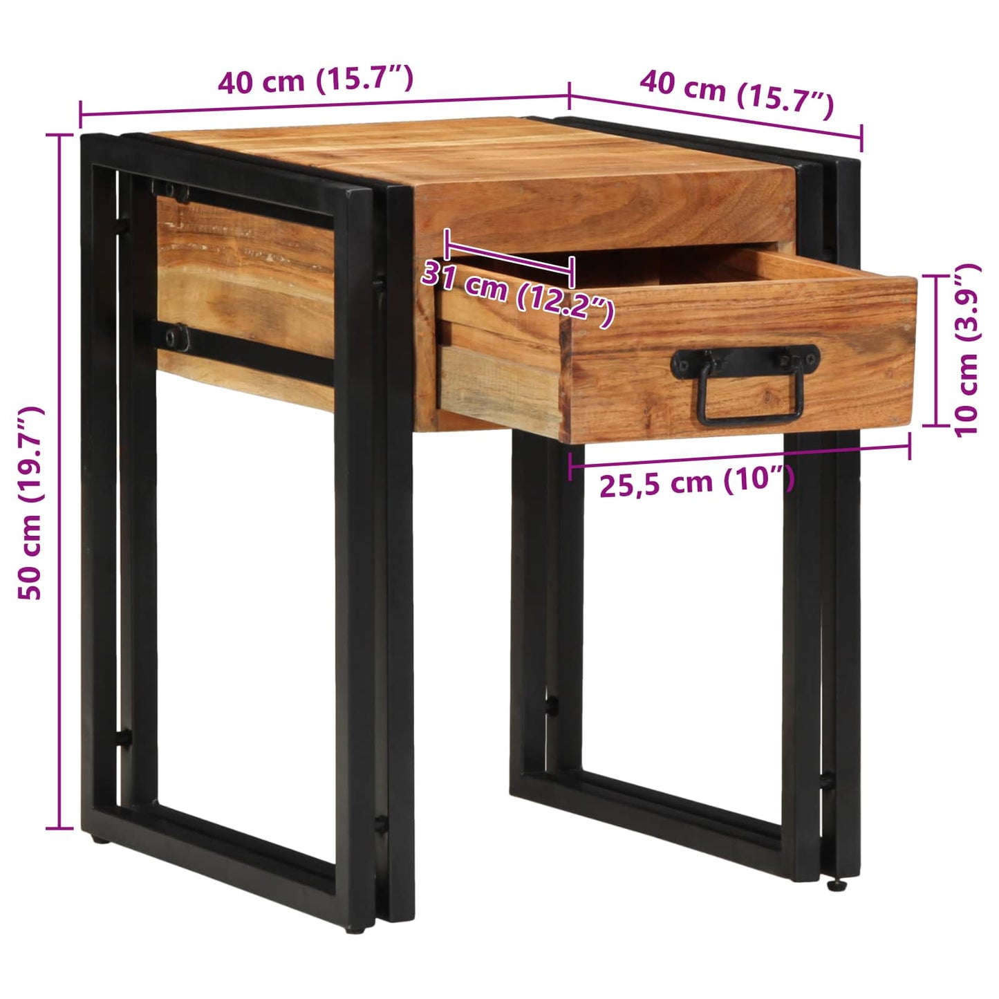 Tavolino con cassetto 40 x 40 x 50 cm Legno di Acacia Massello | homemem39