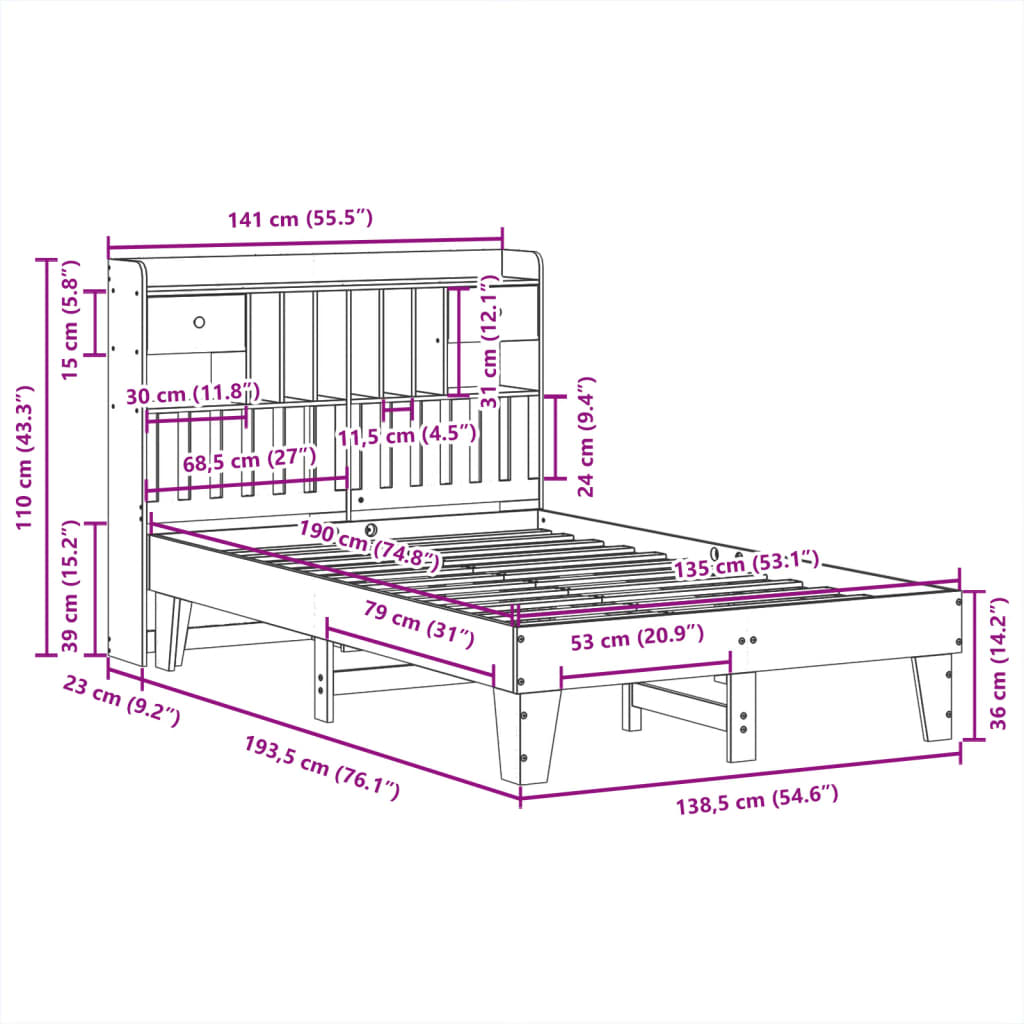 Letto senza Materasso Marrone Cera 135x190 cm in Legno di Pino | homemem39