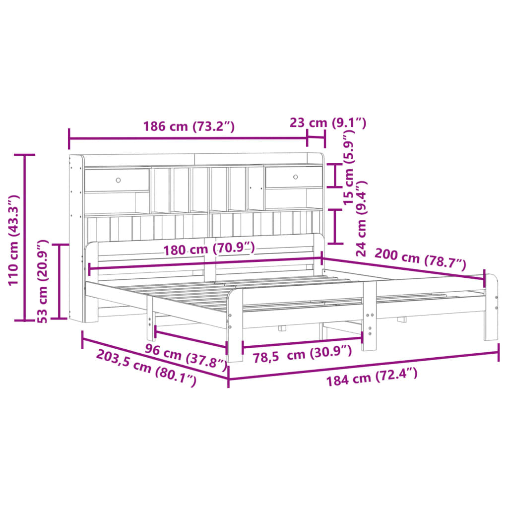Giroletto con Libreria senza Materasso 180x200 cm in Legno Pino | homemem39