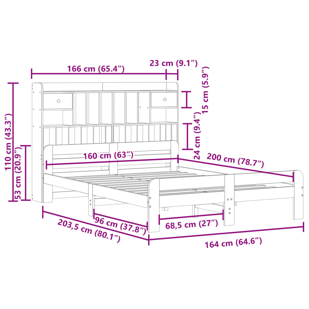 Letto Libreria senza Materasso Marrone Cera 160x200 cm in Pino | homemem39