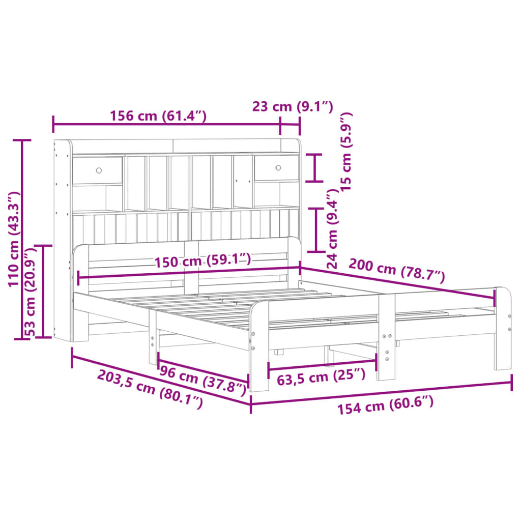Letto Libreria senza Materasso Bianco 150x200 cm Legno di Pino | homemem39