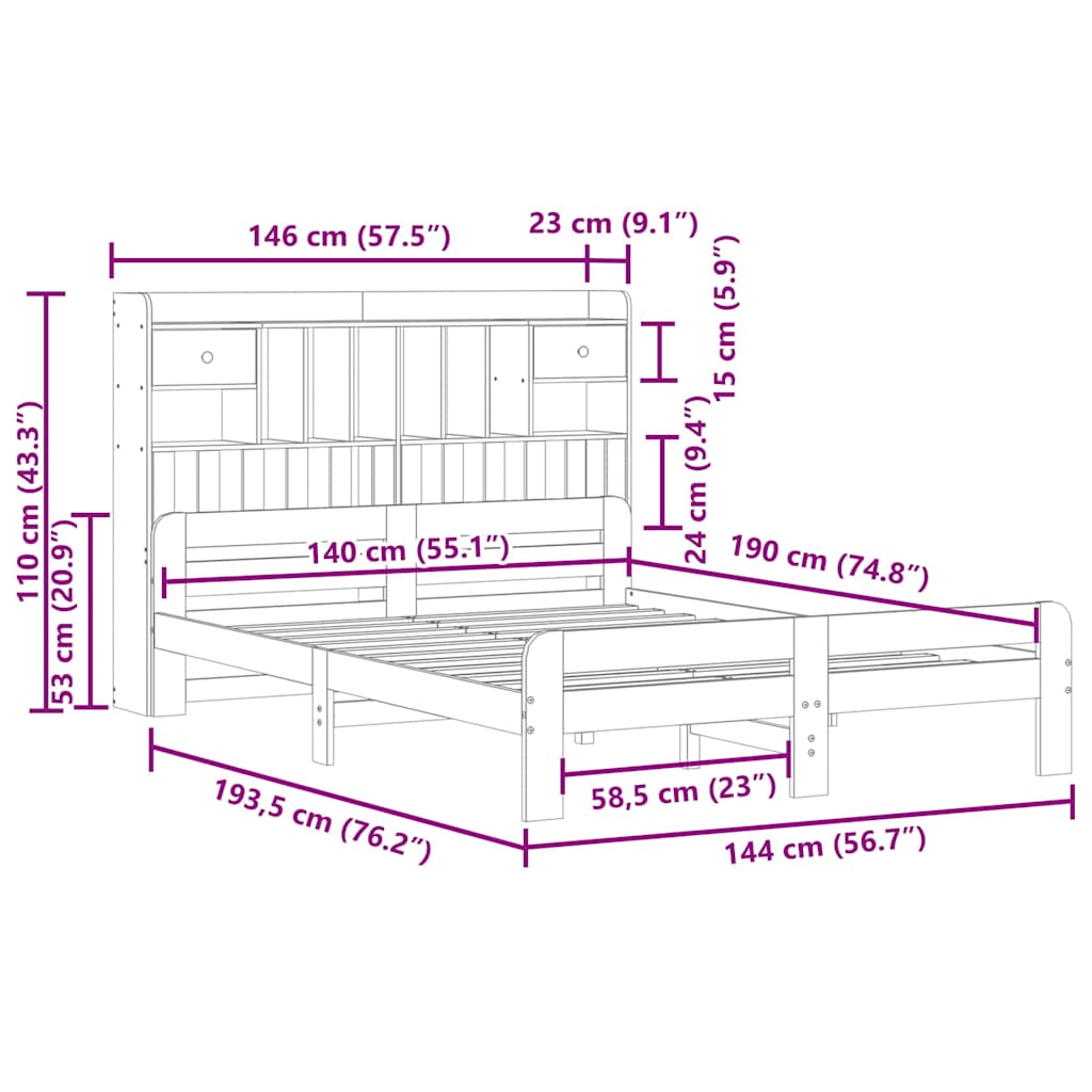 Letto Libreria senza Materasso Bianco 140x190 cm Legno di Pino | homemem39