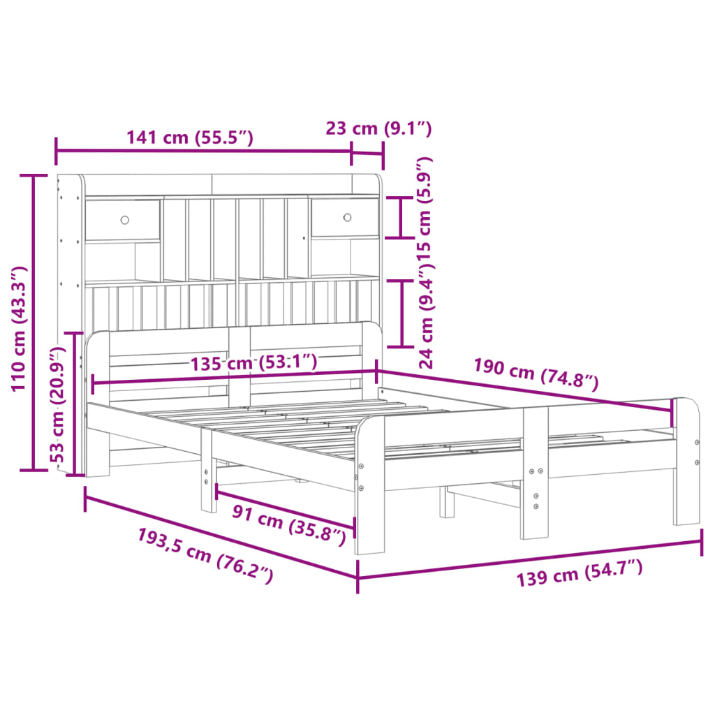 Letto Libreria senza Materasso Marrone Cera 135x190 cm in Pino | homemem39