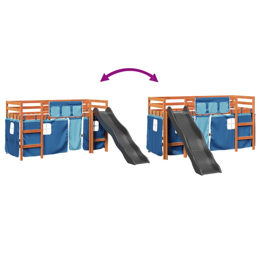 Letto a Soppalco con Tende Bambini Blu 80x200 cm Massello Pino