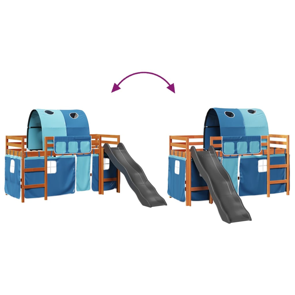 Letto a Soppalco con Tunnel Bambini Blu 80x200cm Massello Pino