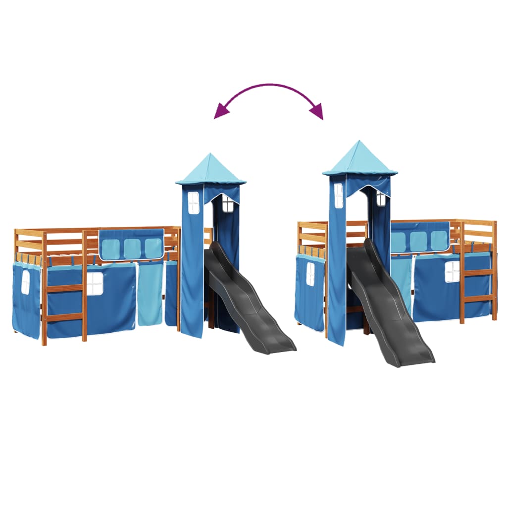Letto a Soppalco con Torre Bambini Blu 80x200cm Massello Pino