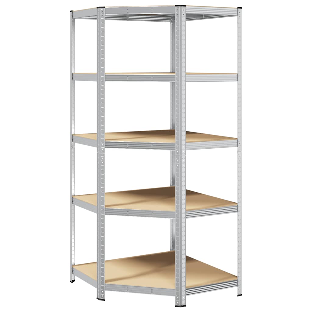 Scaffale Angolare 5 Ripiani Argento Acciaio e Legno Multistrato - homemem39