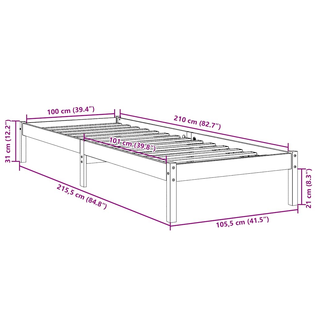 Letto Extra Lungo senza Materasso Bianco 100x210 cm in Pino | homemem39