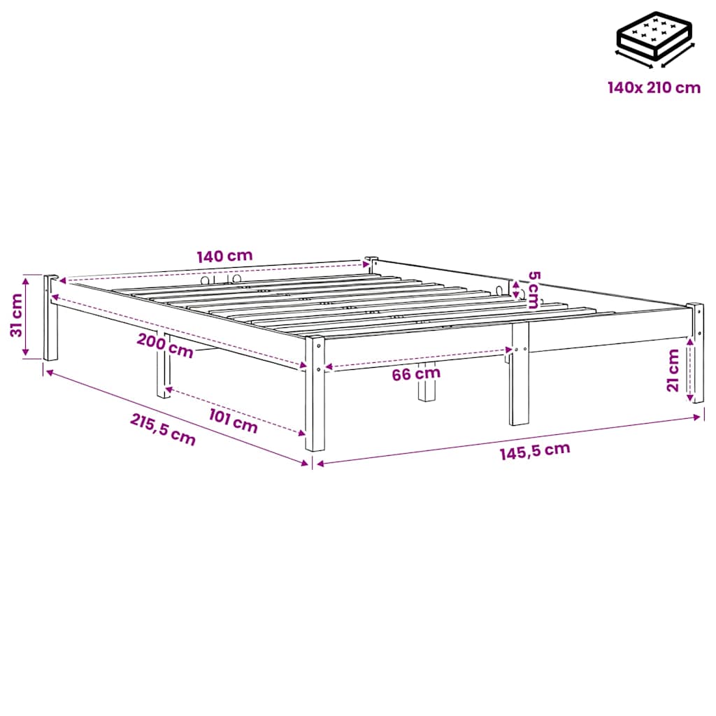 Letto Extra Lungo senza Materasso 140x210 cm in Legno di Pino | homemem39