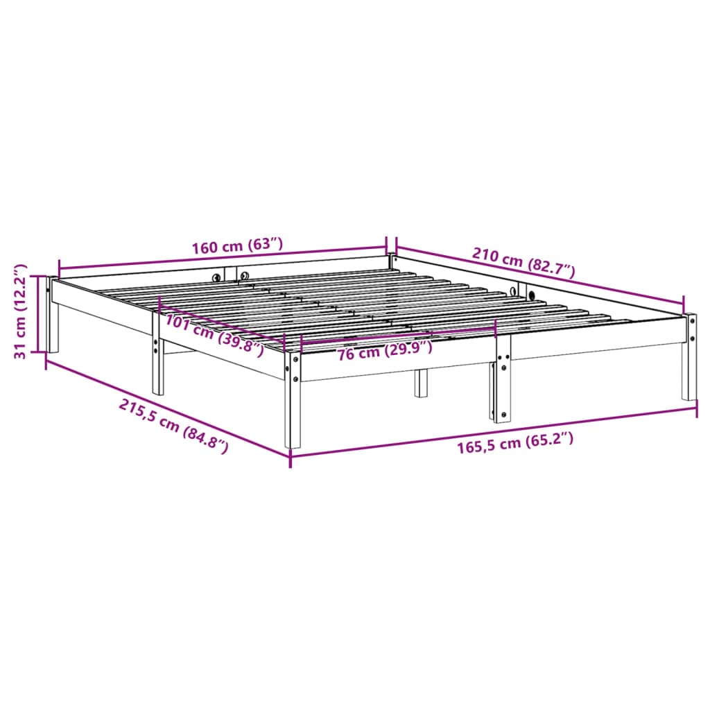 Letto Extra Lungo senza Materasso 160x210 cm in Legno di Pino | homemem39
