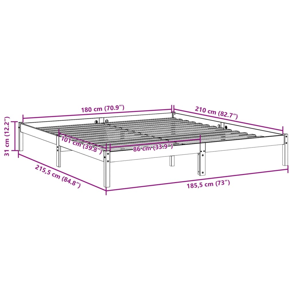 Letto Extra Lungo senza Materasso Bianco 180x210 cm in Pino | homemem39