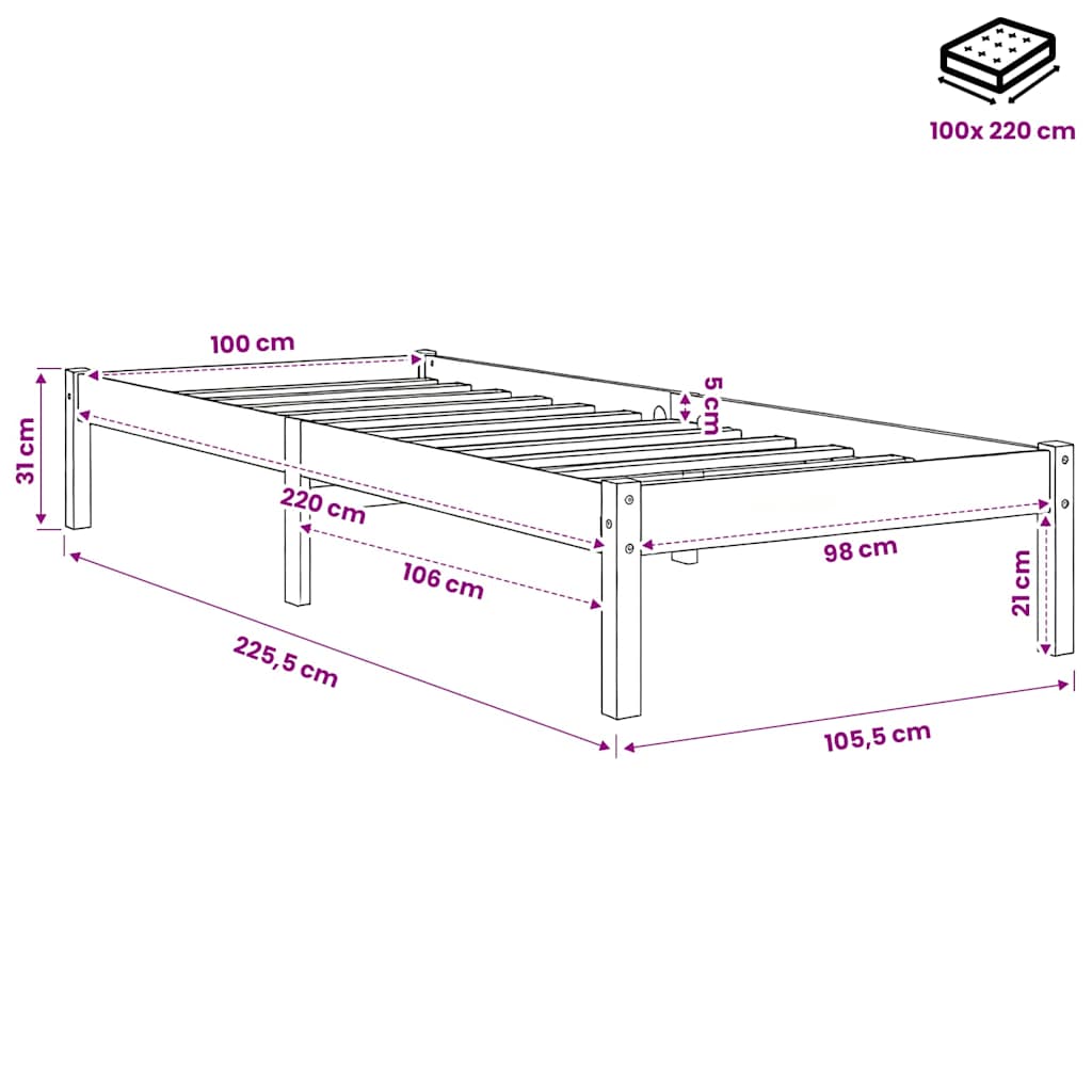 Letto Extra Lungo senza Materasso 100x220 cm in Legno di Pino