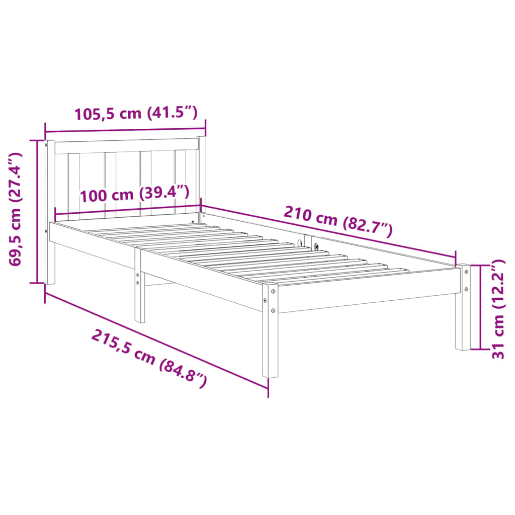 Letto Extra Lungo senza Materasso 100x210 cm in Legno di Pino | homemem39