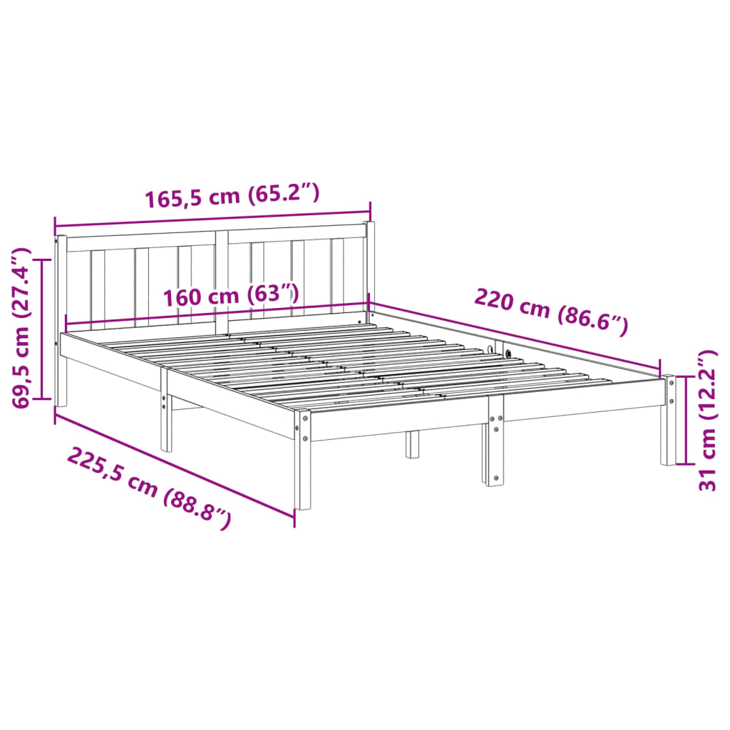 Letto Extra Lungo senza Materasso 160x220 cm in Legno di Pino | homemem39