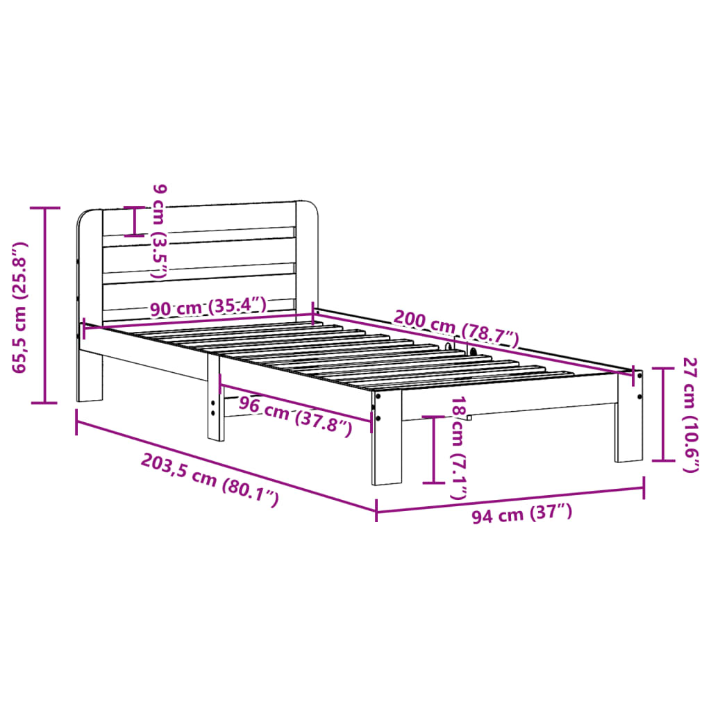 Letto senza Materasso 90x200 cm in Legno Massello di Pino | homemem39